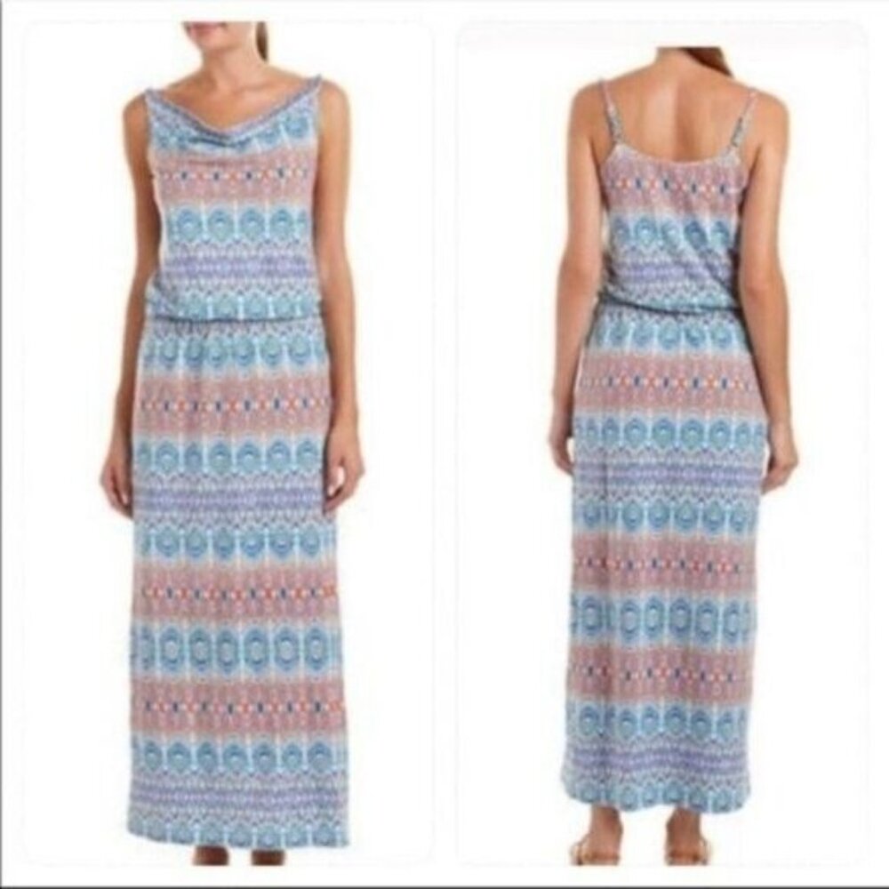 CAbi Striped Geo Maxi Dress in Blue and Peach